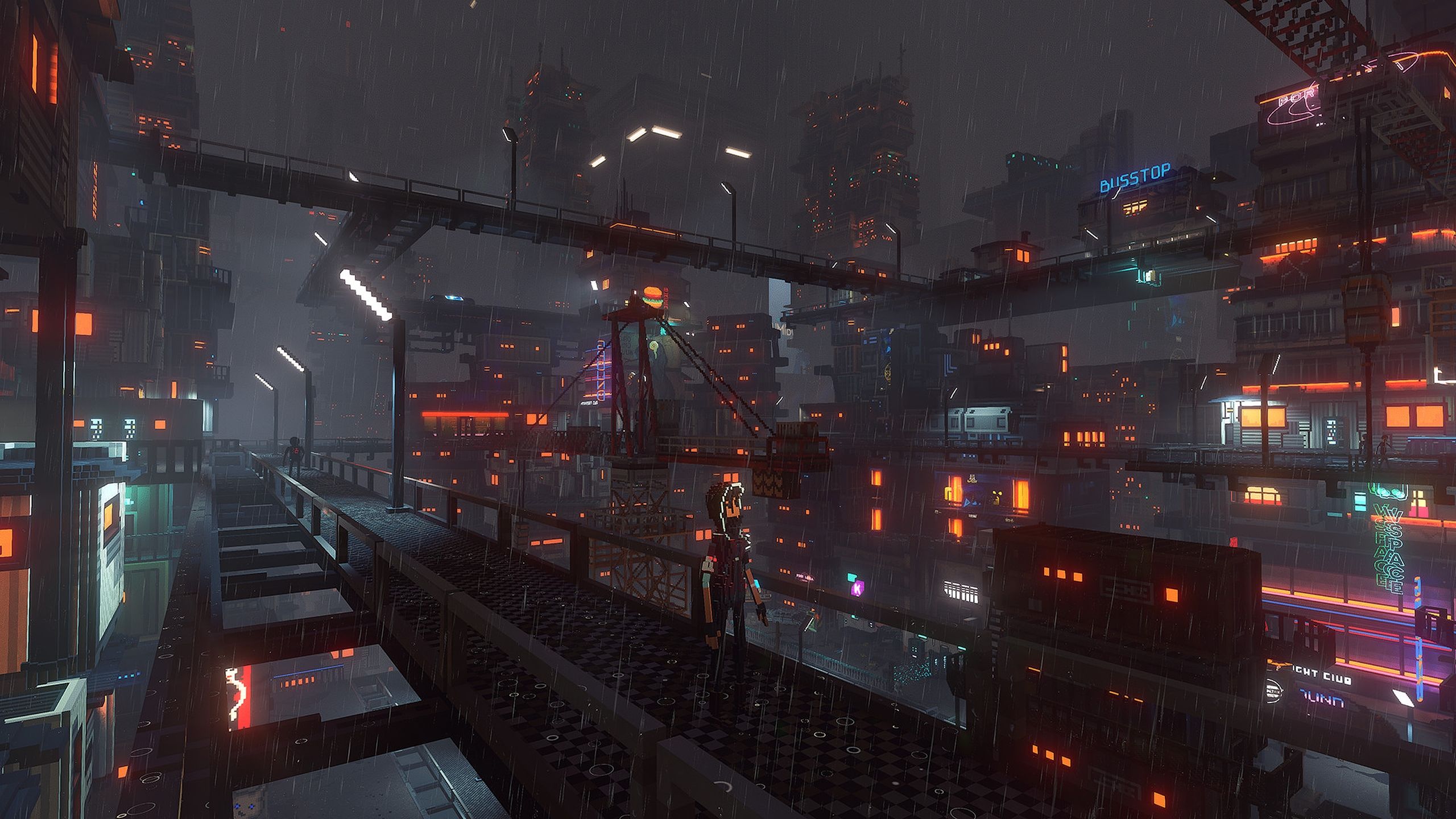 A rainy night in Cloudpunk.