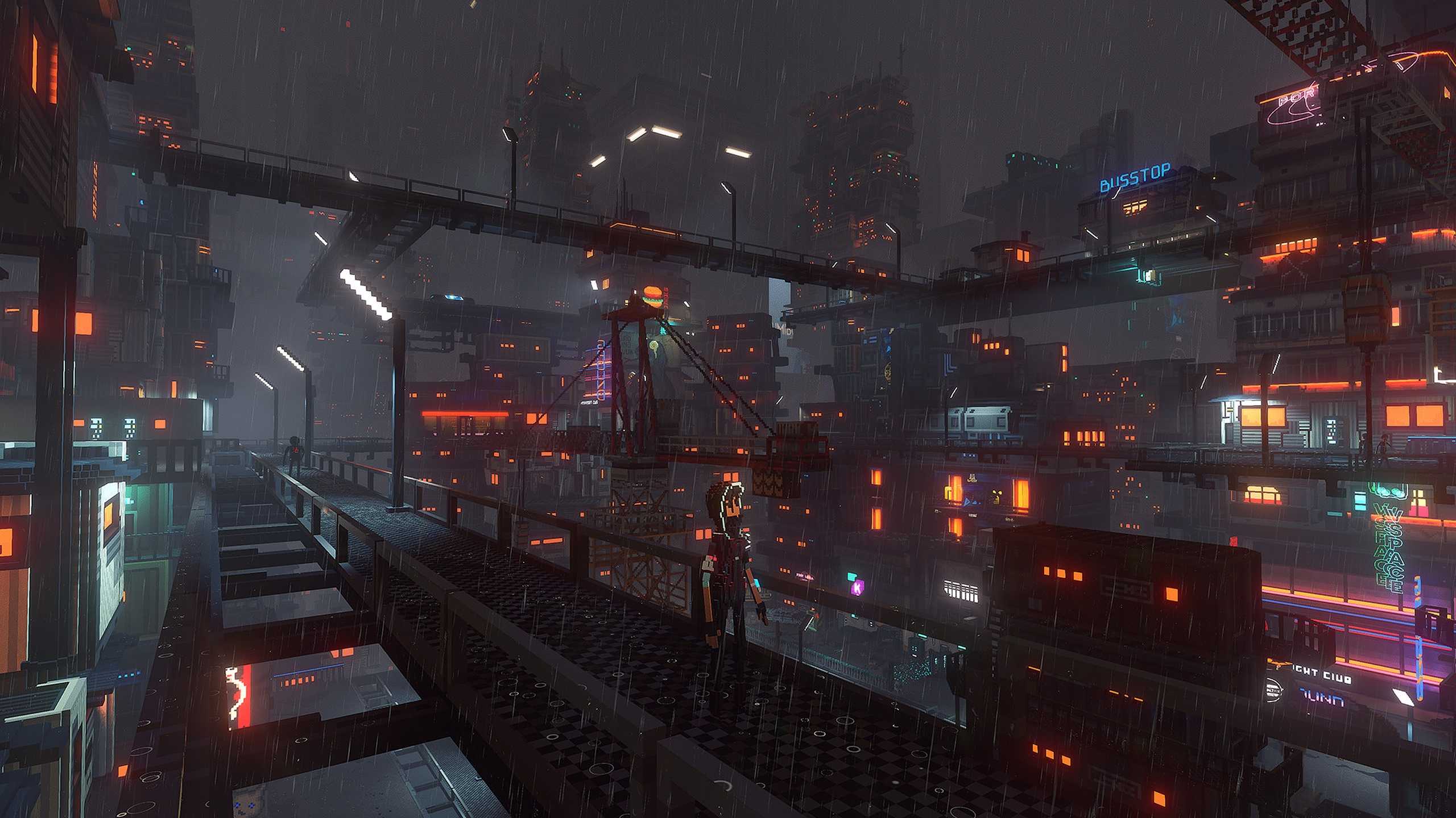 A rainy night in Cloudpunk.