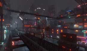 A rainy night in Cloudpunk.