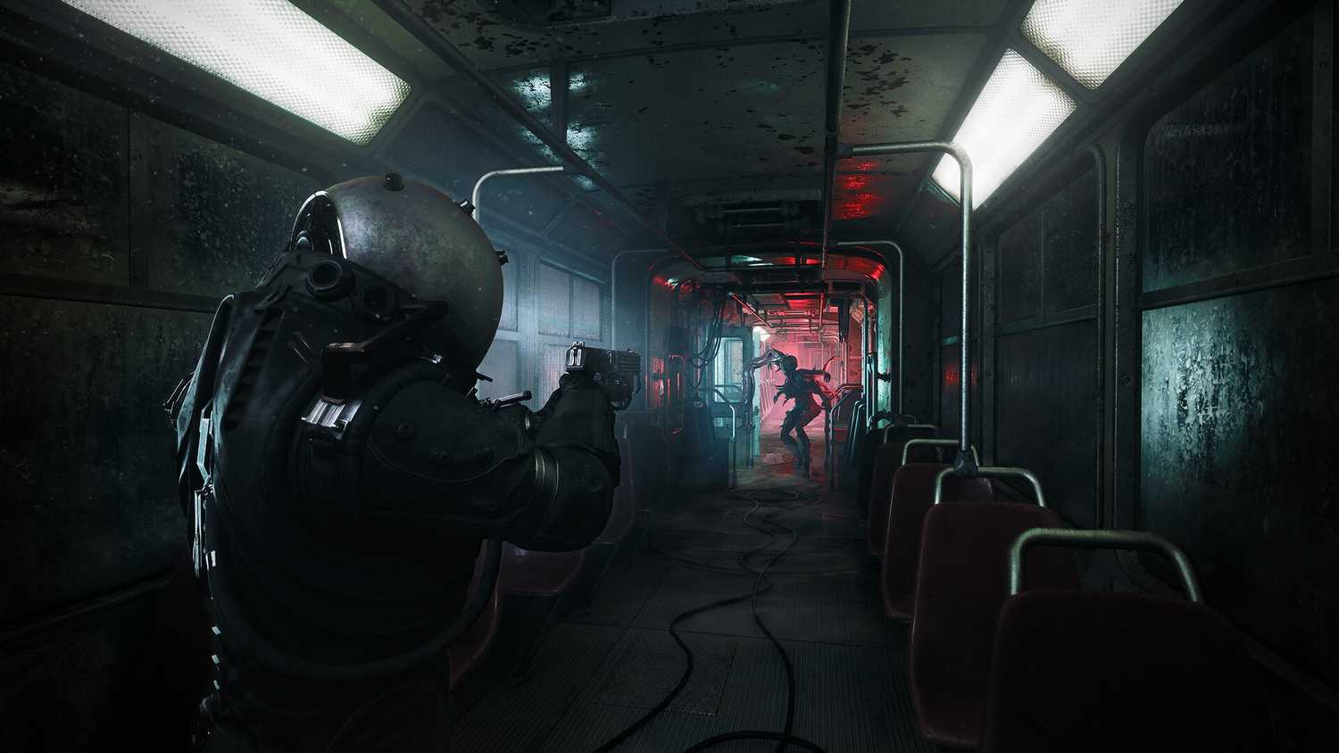 The Traveler aiming at an orphan in a subway train in Cronos: The New Dawn.