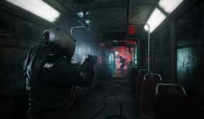 The Traveler aiming at an orphan in a subway train in Cronos: The New Dawn.