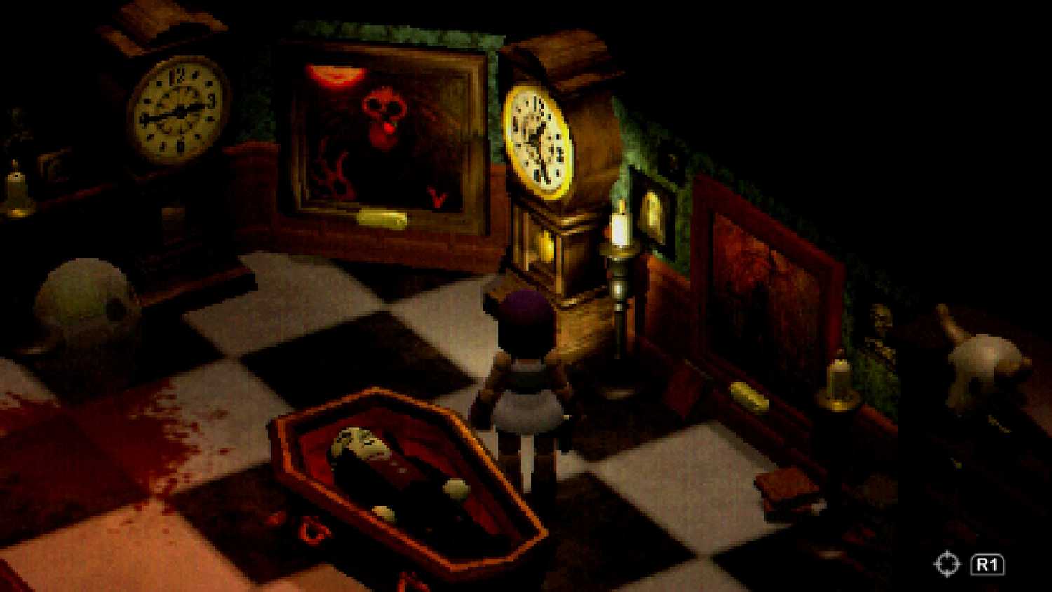 Mara standing over a coffin in the game Crow Country.