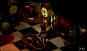Mara standing over a coffin in the game Crow Country.