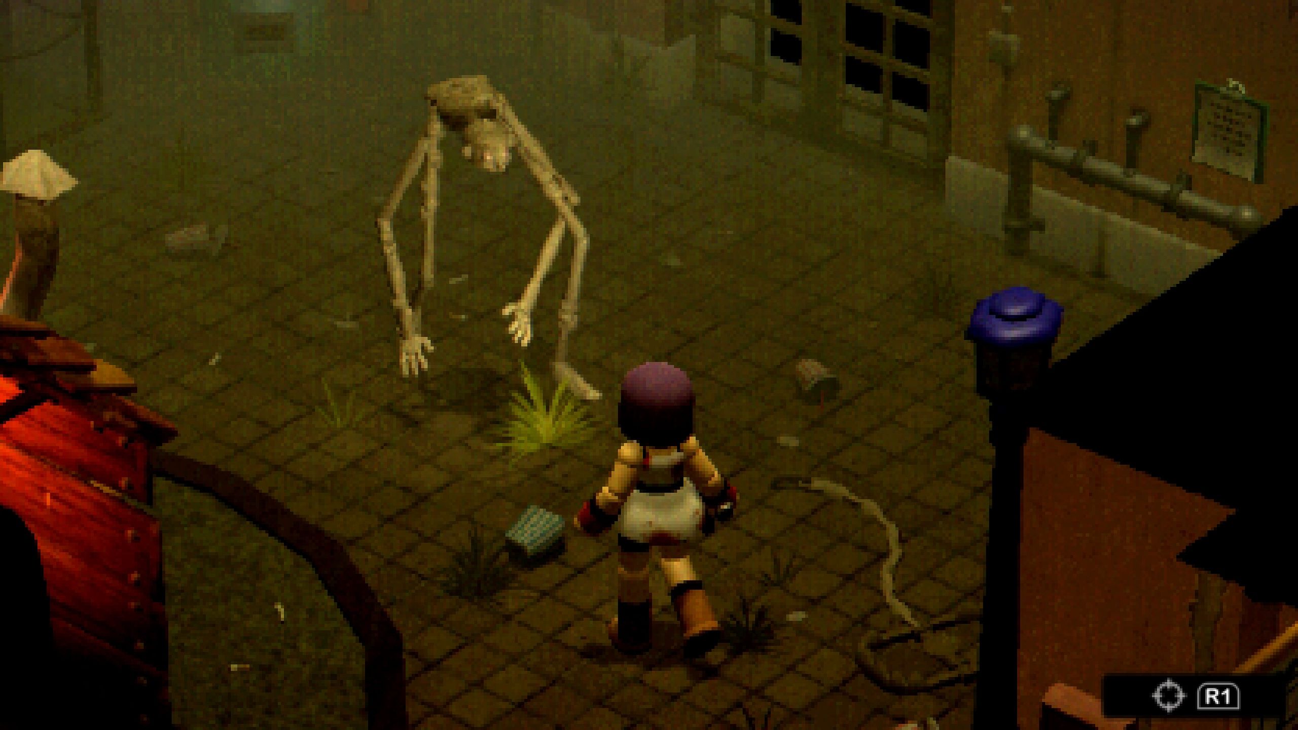 Mara facing a monster in the game Crow Country.
