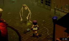 Mara facing a monster in the game Crow Country.