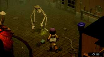 Mara facing a monster in the game Crow Country.