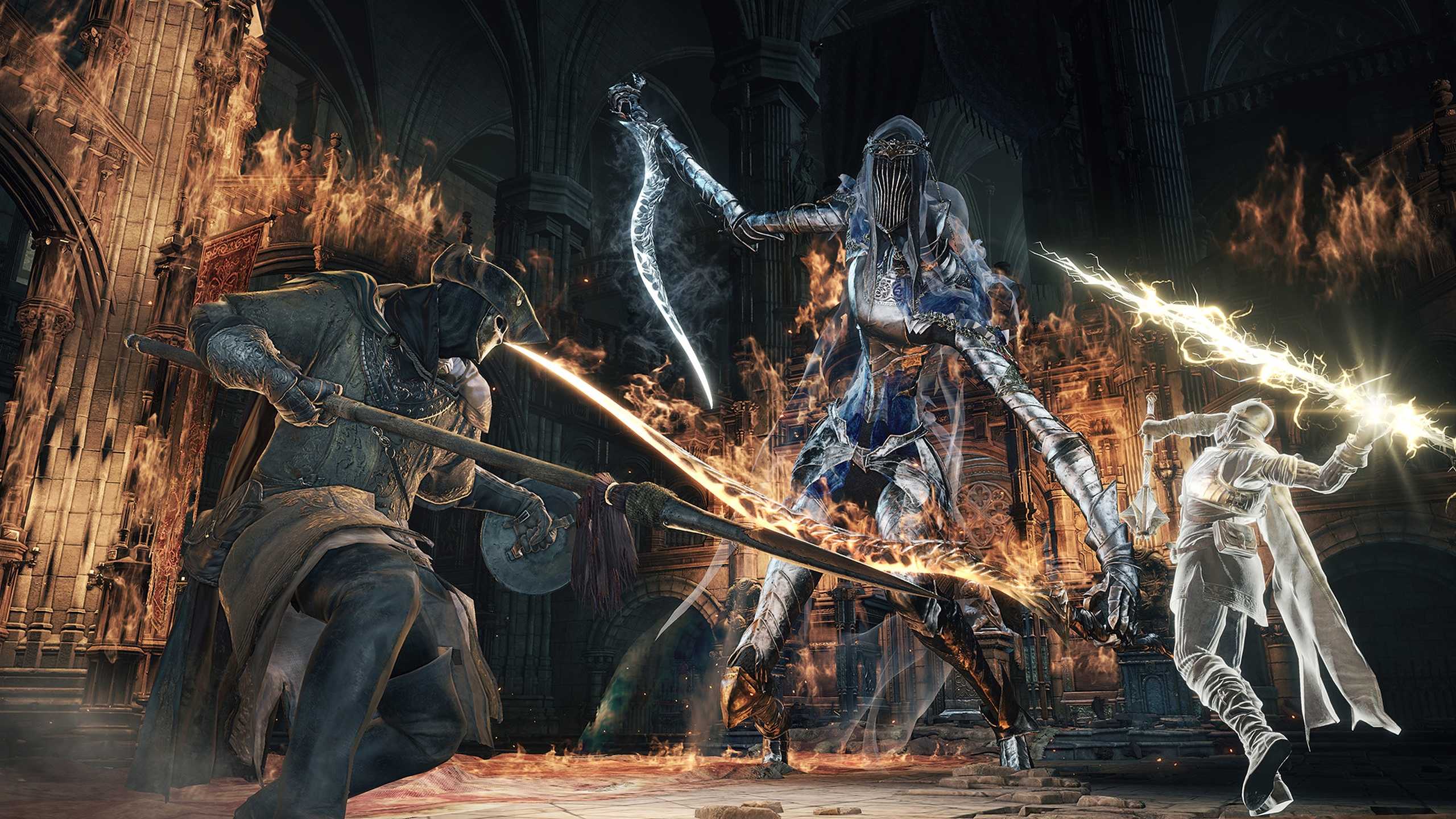 A co-op battle against a boss in Dark Souls III.