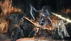 A co-op battle against a boss in Dark Souls III.