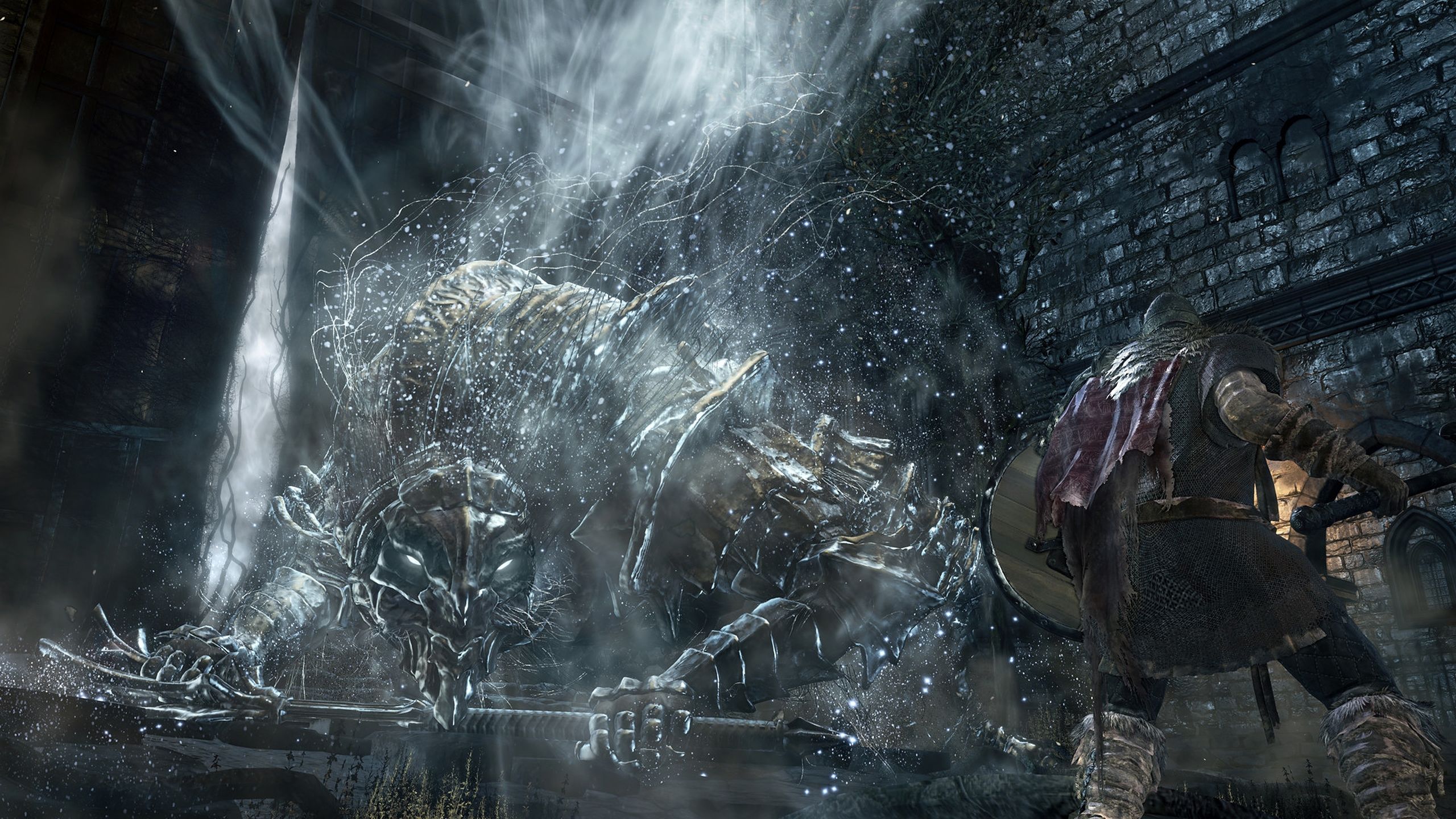 A boss fight in Dark Souls III.