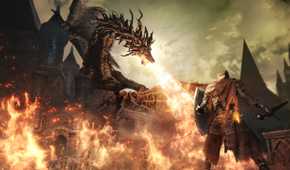 A fire breathing dragon in Dark Souls III.