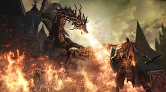 A fire breathing dragon in Dark Souls III.