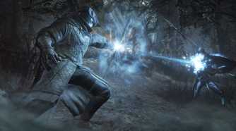 A mage in combat in Dark Souls III.