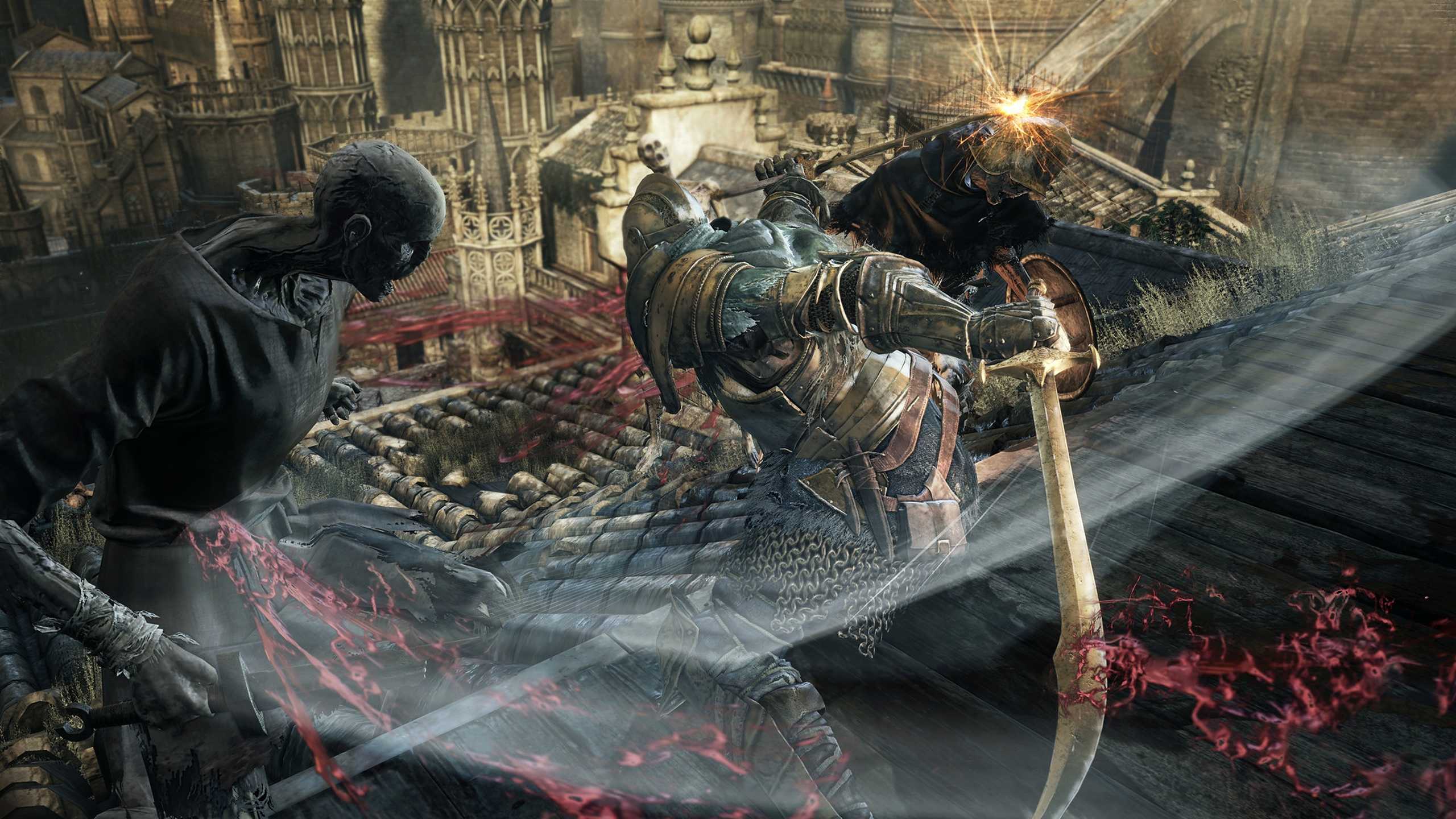 The player fighting two enemies with dual swords in Dark Souls III.