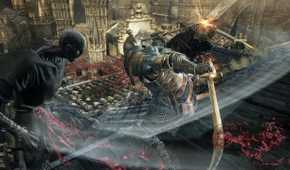 The player fighting two enemies with dual swords in Dark Souls III.