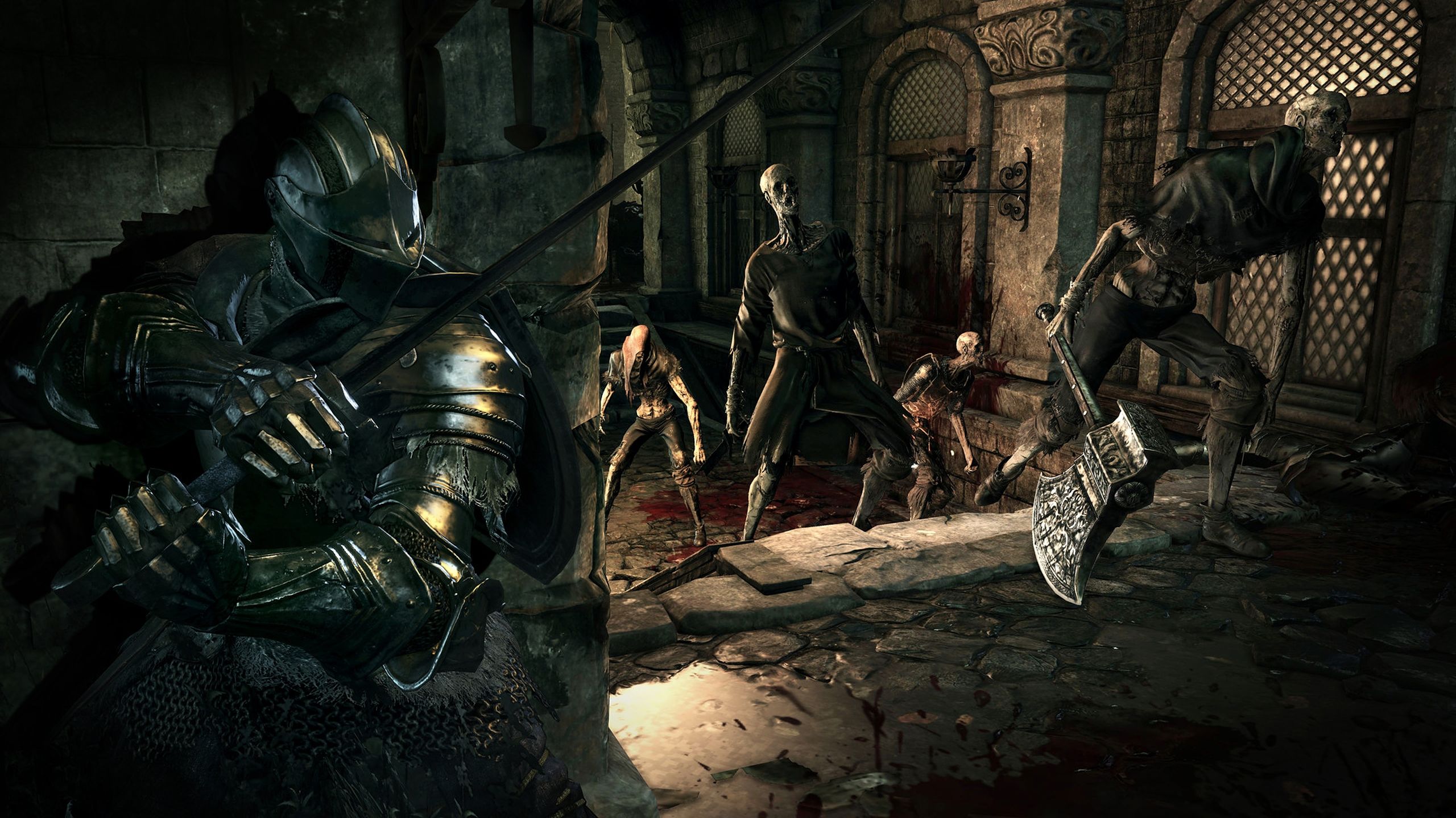 The player taking cover from zombies in Dark Souls III.