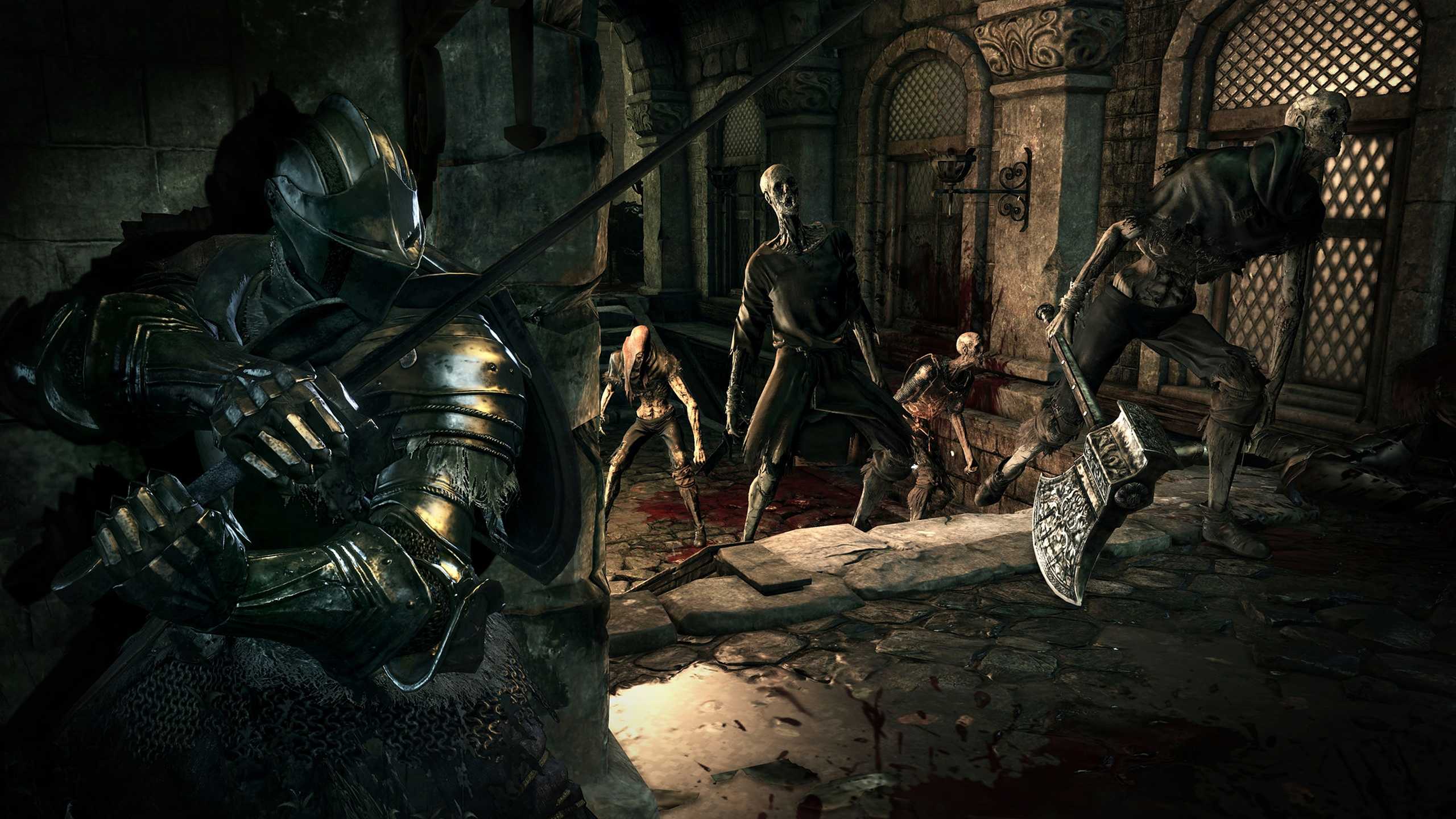 The player taking cover from zombies in Dark Souls III.