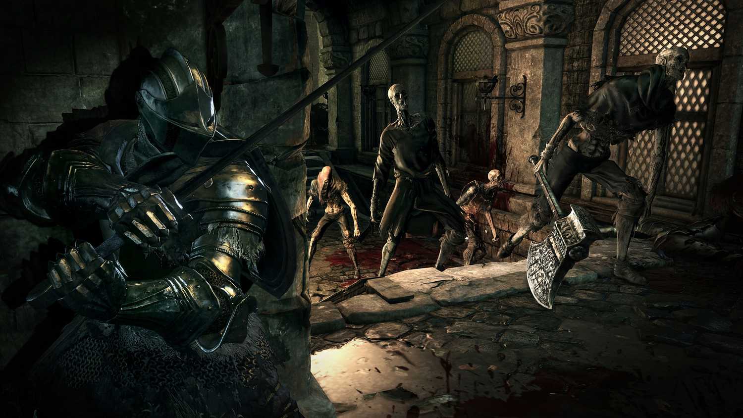 The player taking cover from zombies in Dark Souls III.