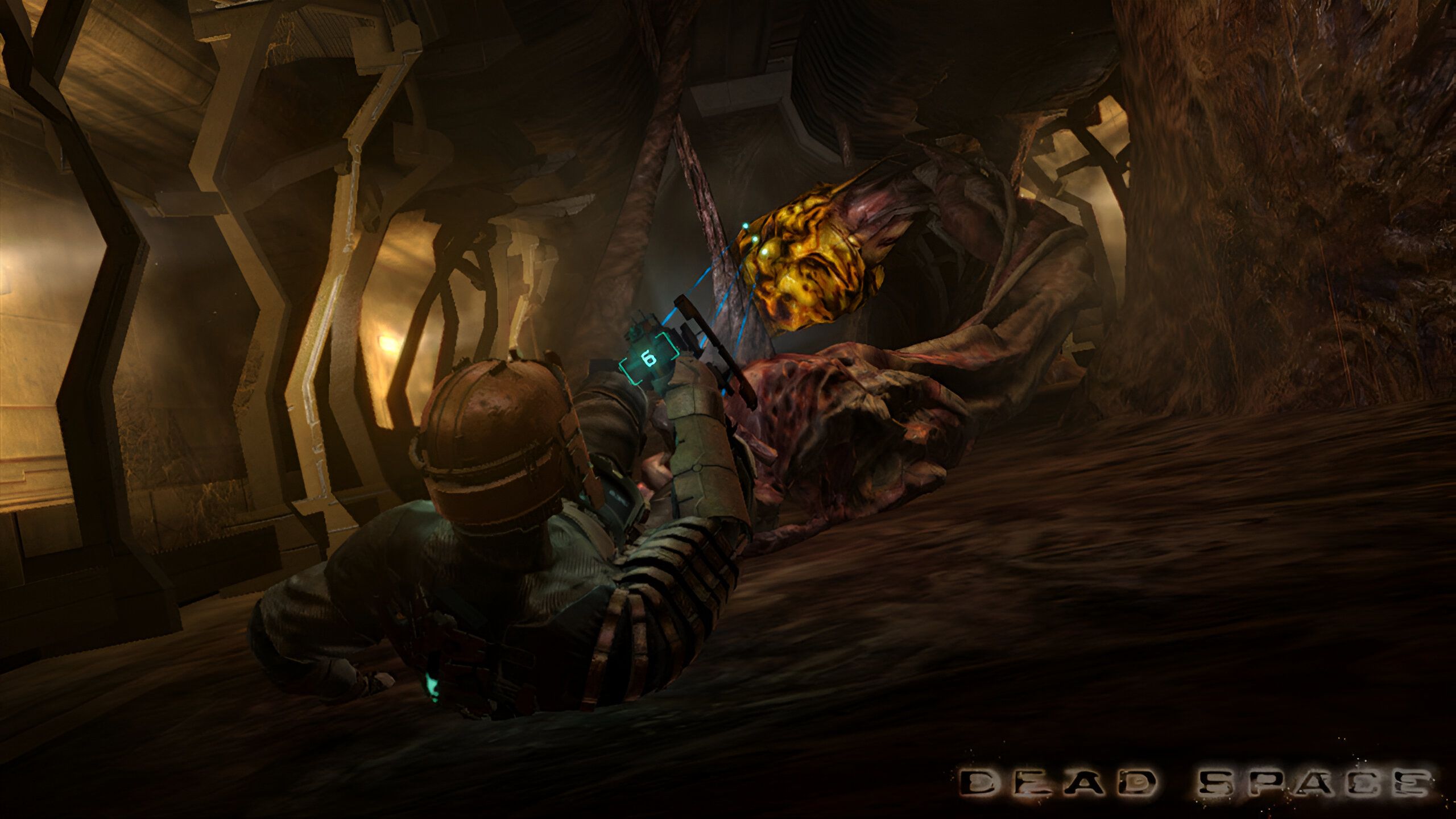Isaac being dragged by a monstrous tentacle in 2008's Dead Space.