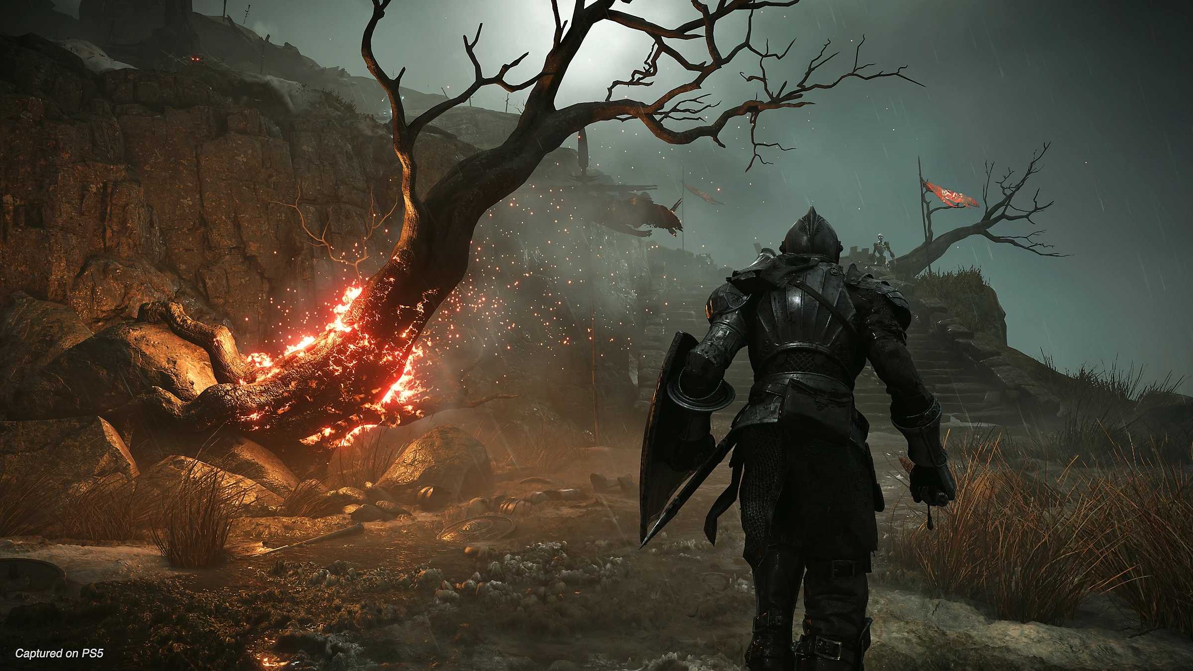 A flaming tree in the rain in Demon's Souls.