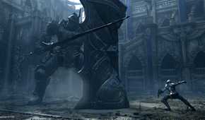 The player battling a huge knight in Demon's Souls.