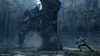 The player battling a huge knight in Demon's Souls.