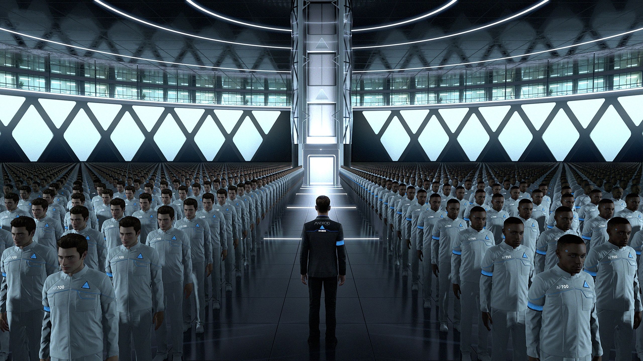 Connor standing in an android factory in Detroit: Become Human.
