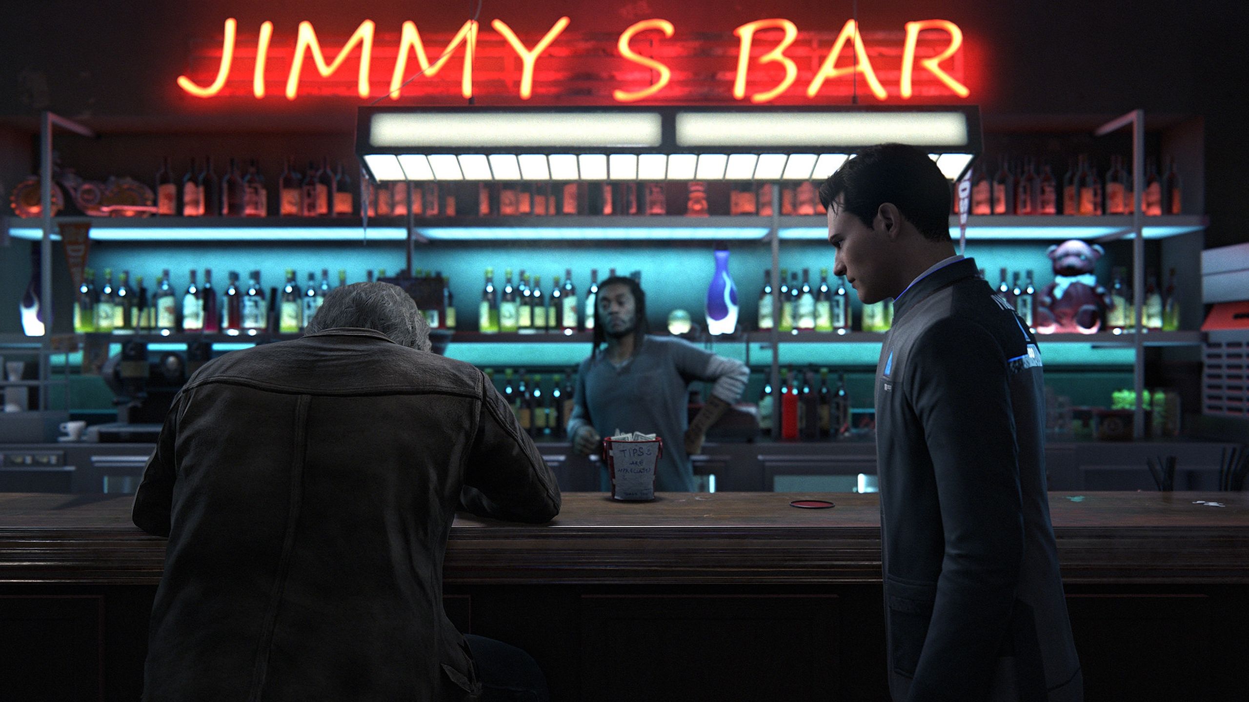 Connor and Hank Anderson at the bar in Detroit: Become Human.