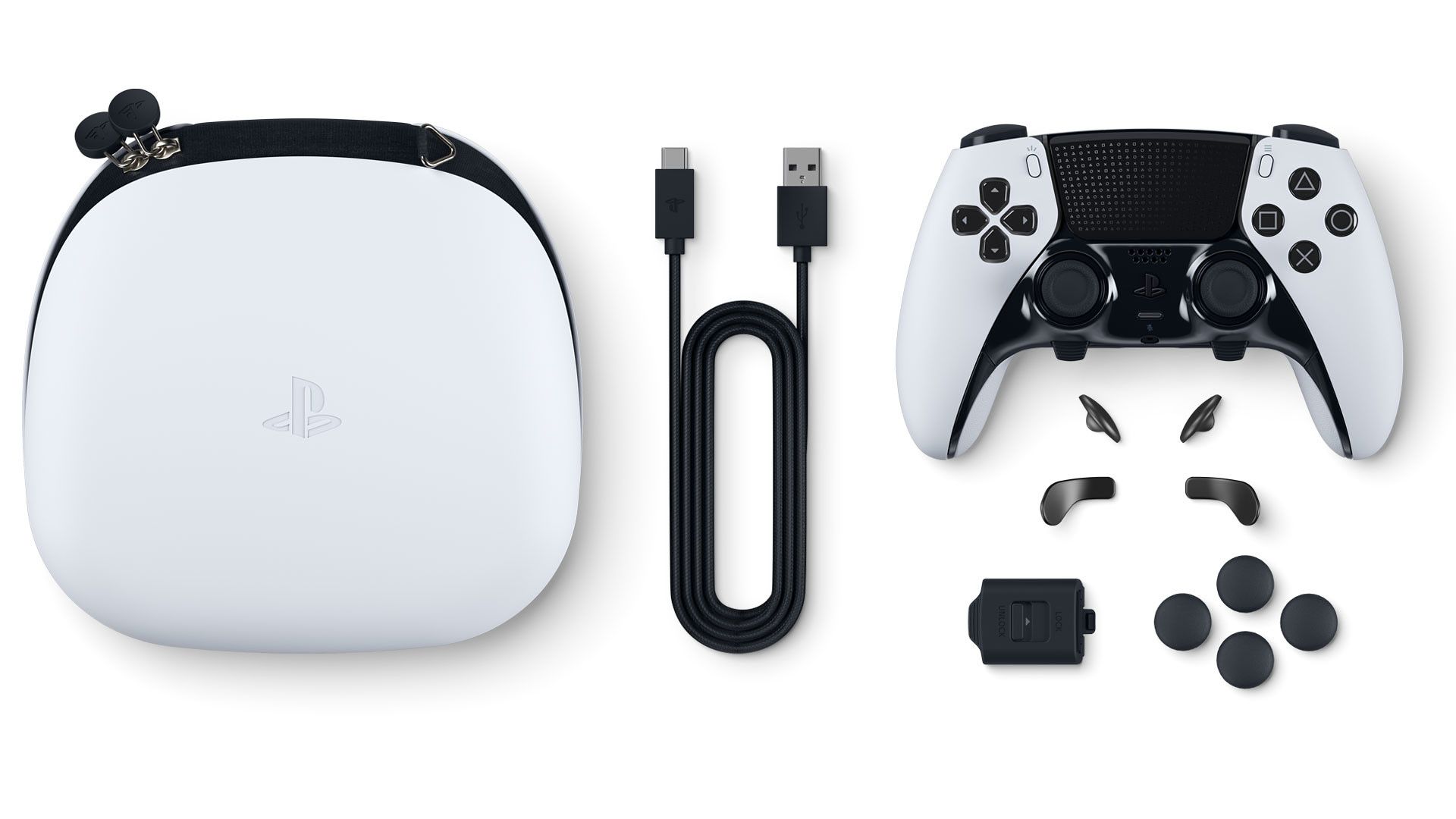 A shot of the PS5 DuelSense Edge Wireless Controller with its accessories