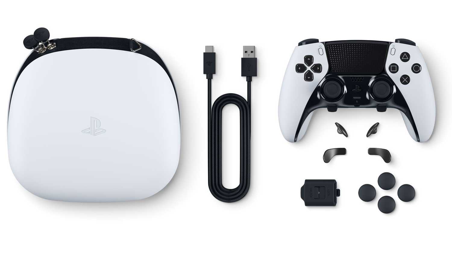 A shot of the PS5 DuelSense Edge Wireless Controller with its accessories