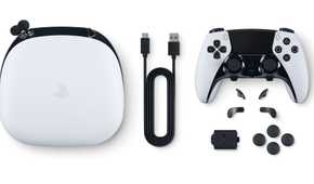 A shot of the PS5 DuelSense Edge Wireless Controller with its accessories