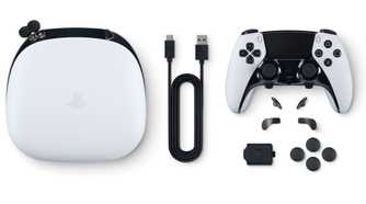 A shot of the PS5 DuelSense Edge Wireless Controller with its accessories