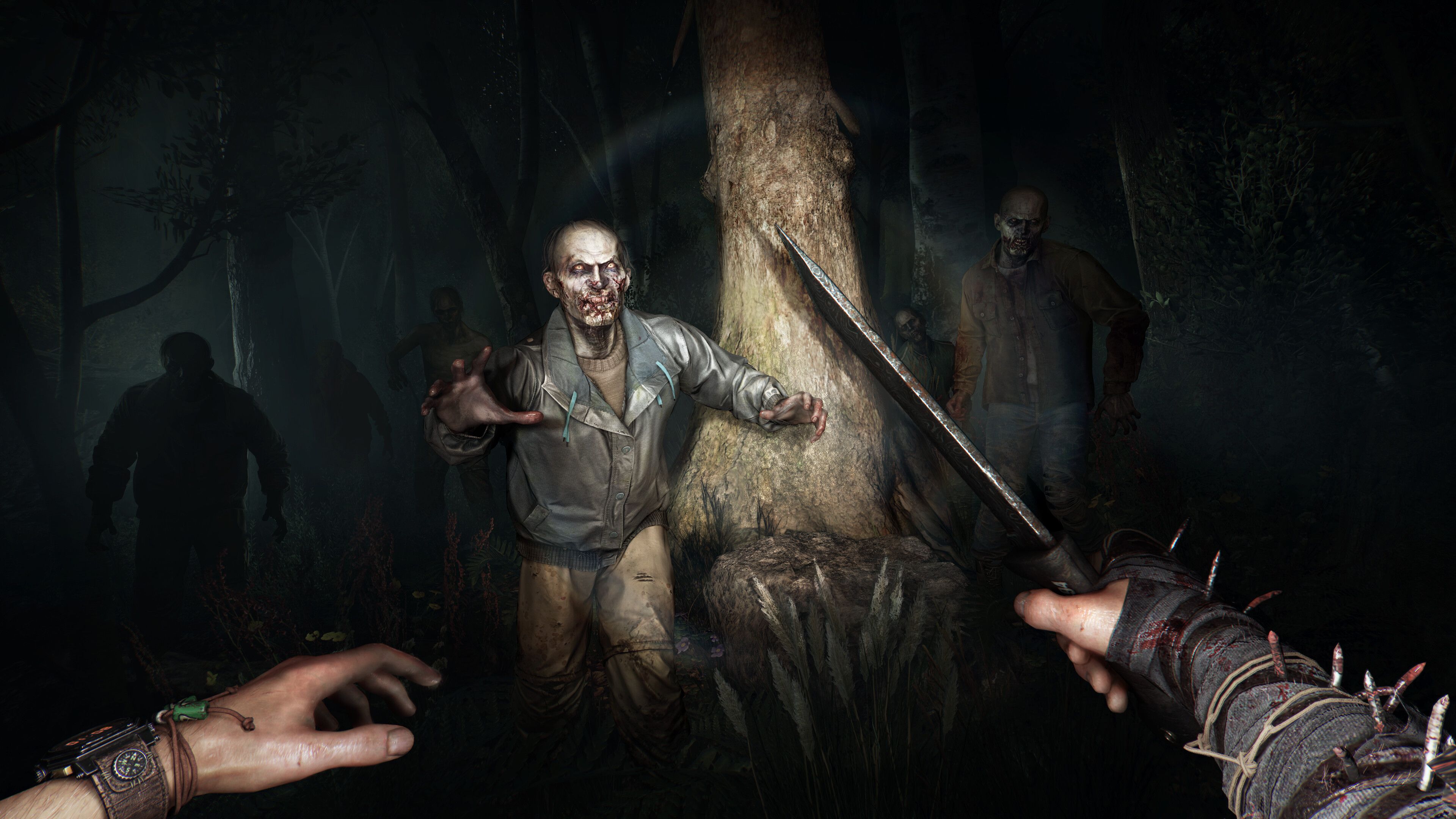 Zombies approaching the player at night in Dying Light: The Beast.