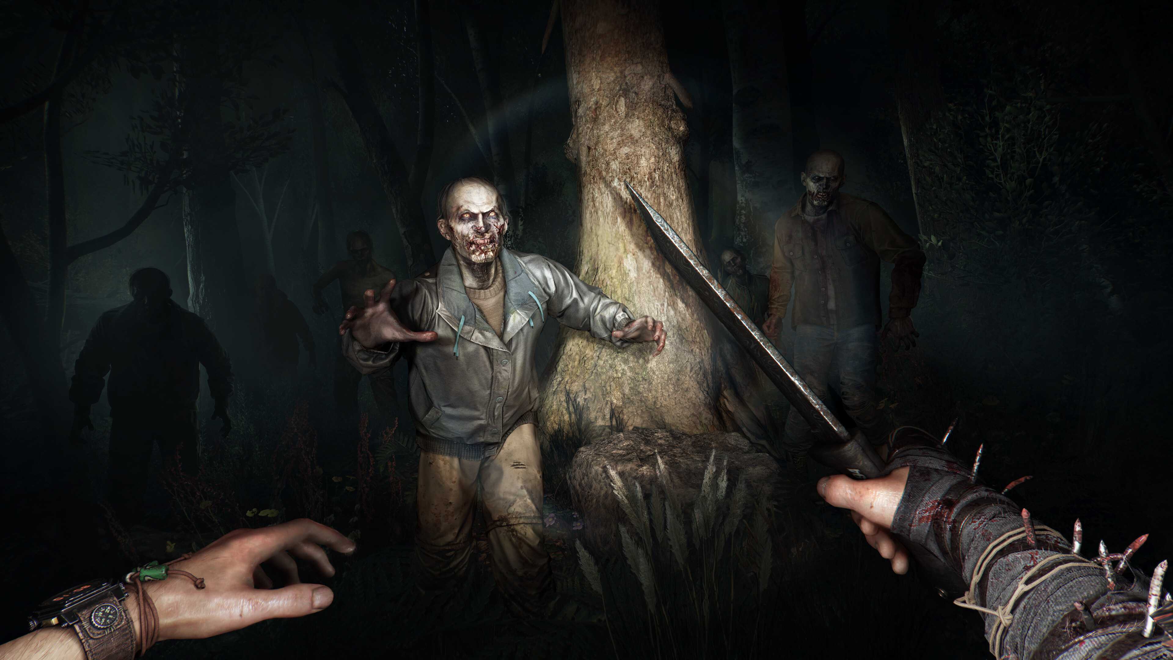 Zombies approaching the player at night in Dying Light: The Beast.