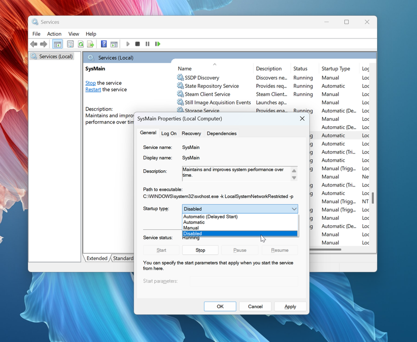 Disabling Sysmain to improve Windows 11 performance