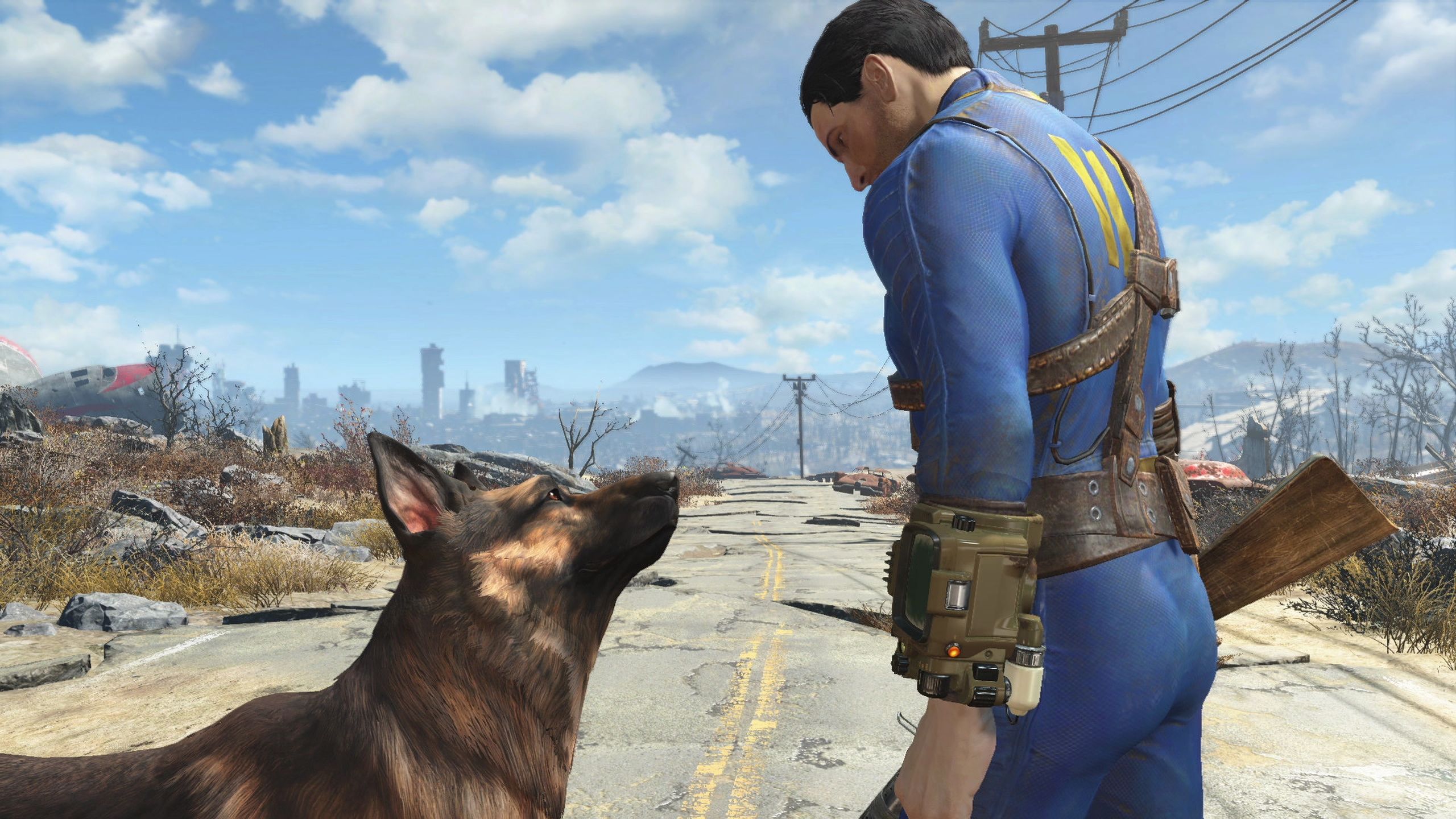 The protagonist and Dogmeat in Fallout 4.