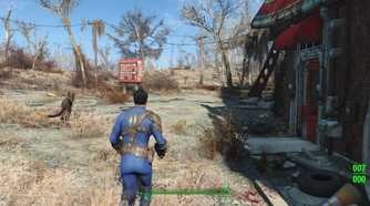 Running alongside Dogmeat in Fallout 4.