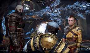 Kratos and Atreus talking to Brok in God of War Ragnarok.