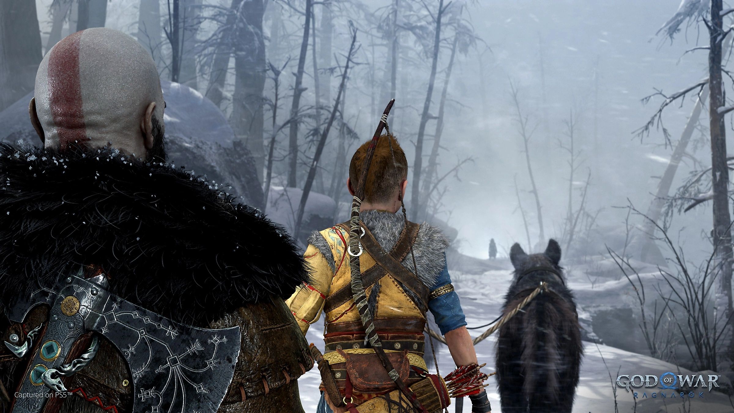 Freya looking at Kratos and Atreus in God of War Ragnarok.