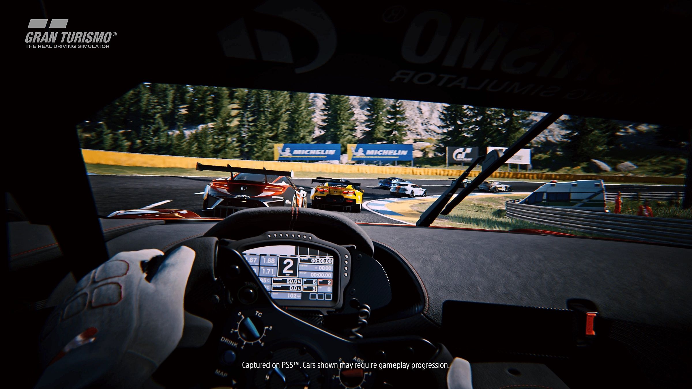Cockpit view while racing in Gran Turismo on the PlayStation 5.