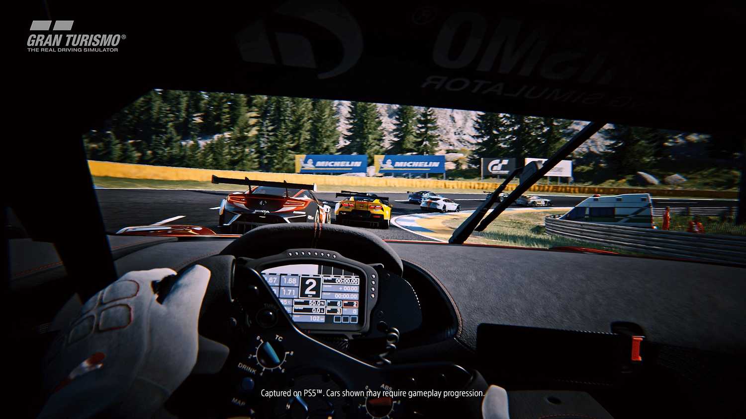 Cockpit view while racing in Gran Turismo on the PlayStation 5.