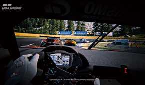 Cockpit view while racing in Gran Turismo on the PlayStation 5.