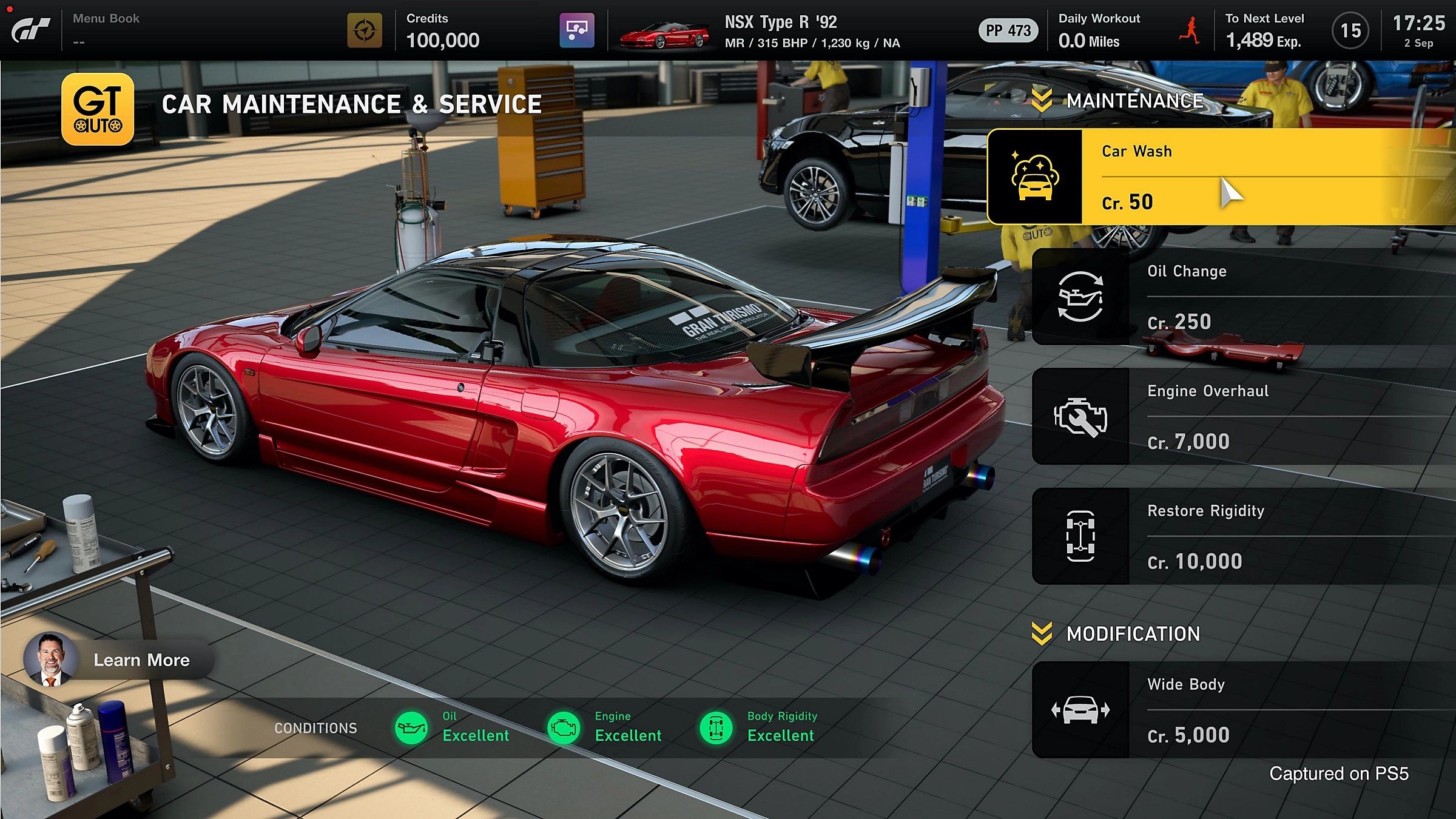 The car maintenance and service menu in Gran Turismo on the PlayStation 5.