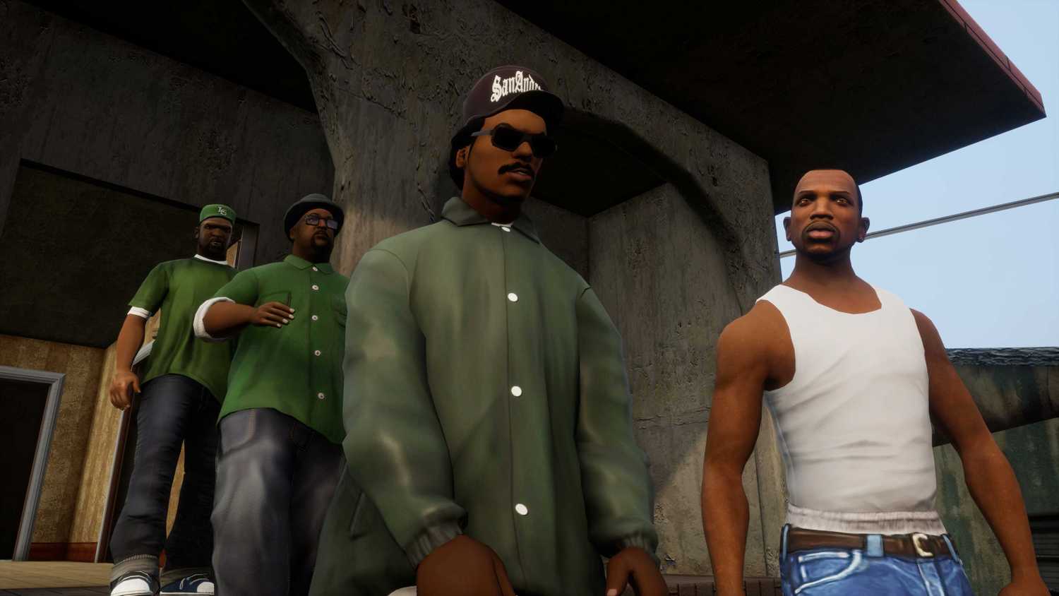 CJ, Big Smoke, and Ryder in Grove Street, in GTA San Andreas.
