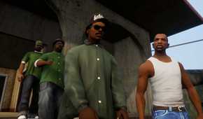 CJ, Big Smoke, and Ryder in Grove Street, in GTA San Andreas.