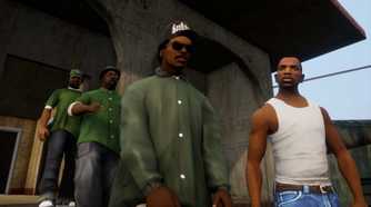 CJ, Big Smoke, and Ryder in Grove Street, in GTA San Andreas.