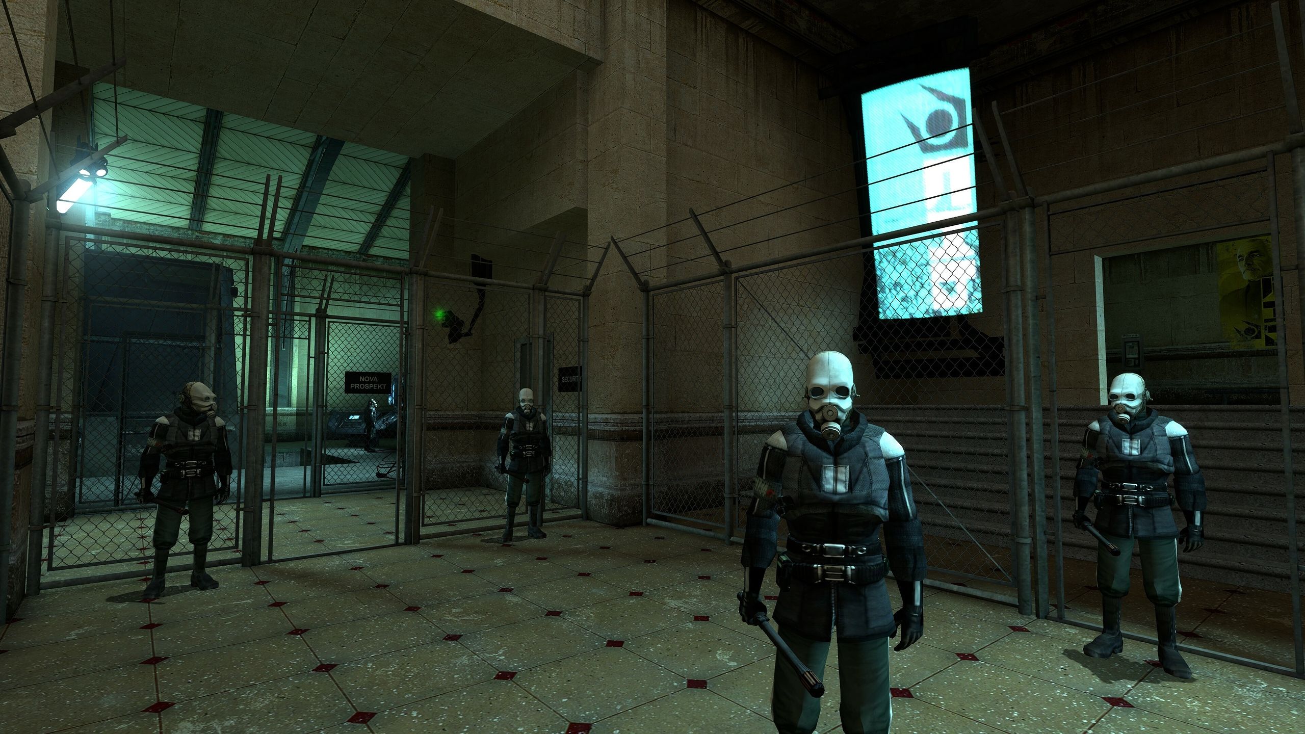 A group of guards looking at the player in Half-Life 2.