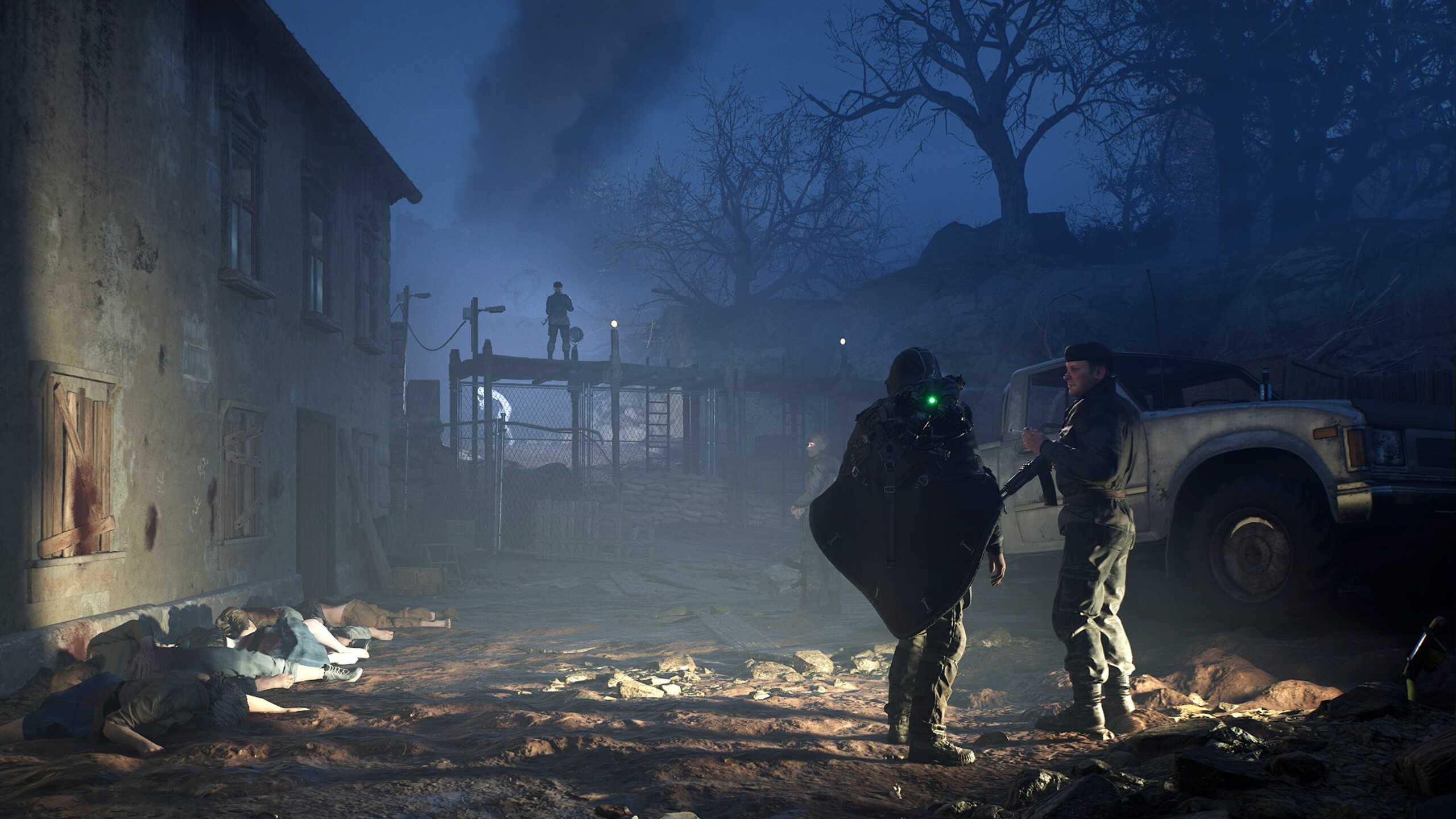 Remi and a soldier next to a line of corpses in Hell is Us.