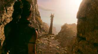 A screenshot of Senua walking up to a pillar in Senua's Saga: Hellblade II.