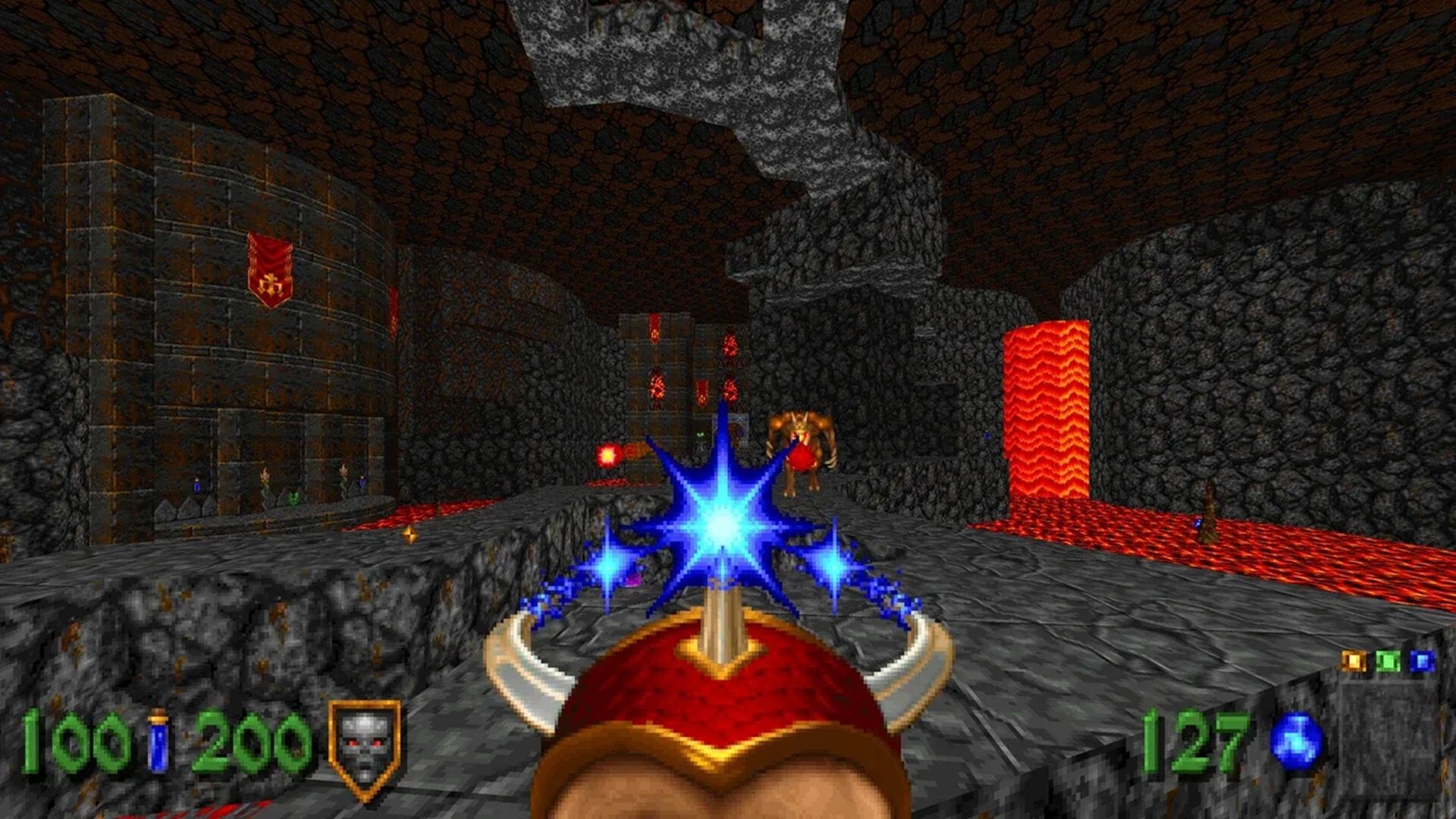 A screenshot of combat in a cavern during Heretic gameplay from Heretic + Hexen