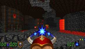 A screenshot of combat in a cavern during Heretic gameplay from Heretic + Hexen